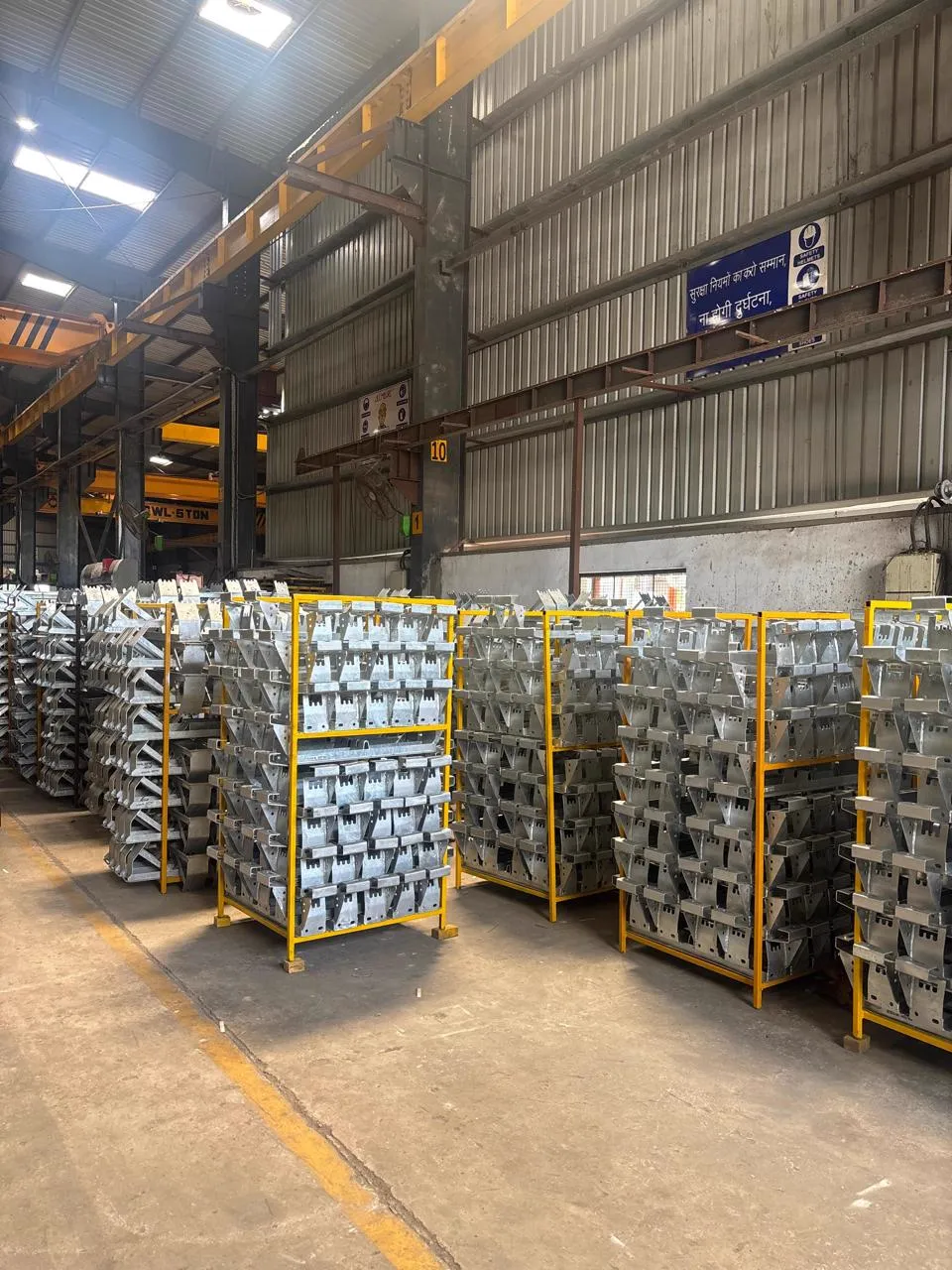 Galvanised TBM conveyor brackets, racked for dispatch