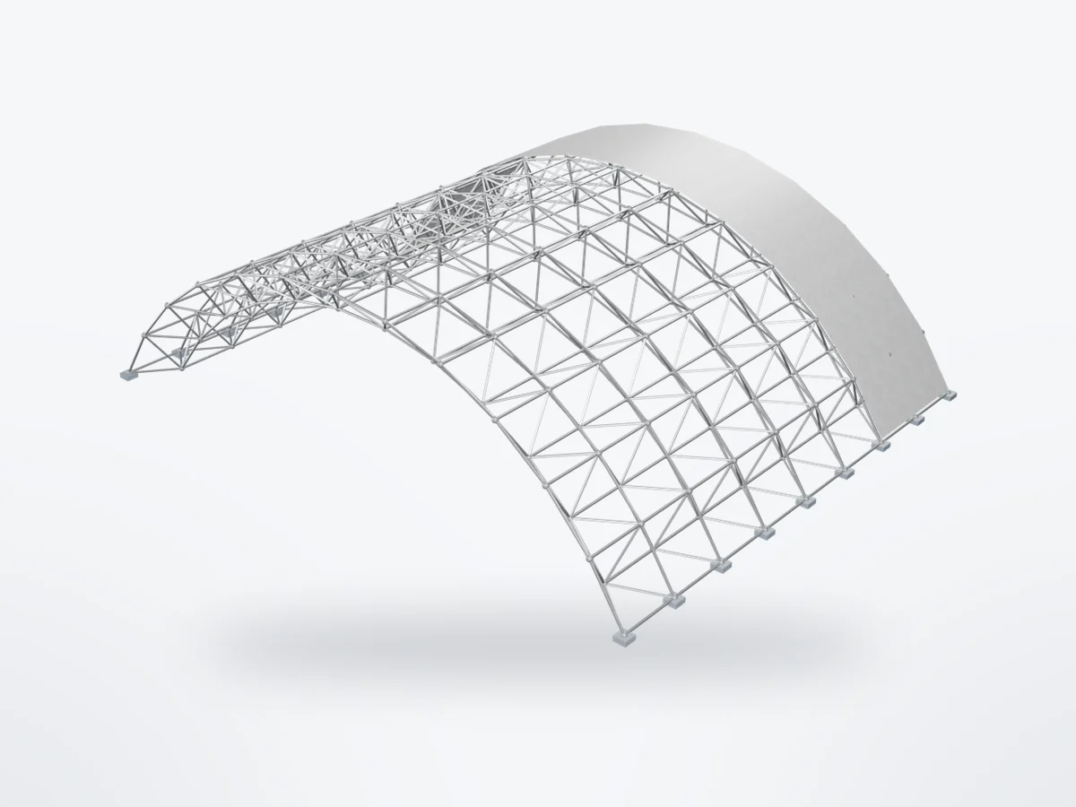 3D model of an Allmarc double-layer space frame vault: ball nodes, chords and web diagonals